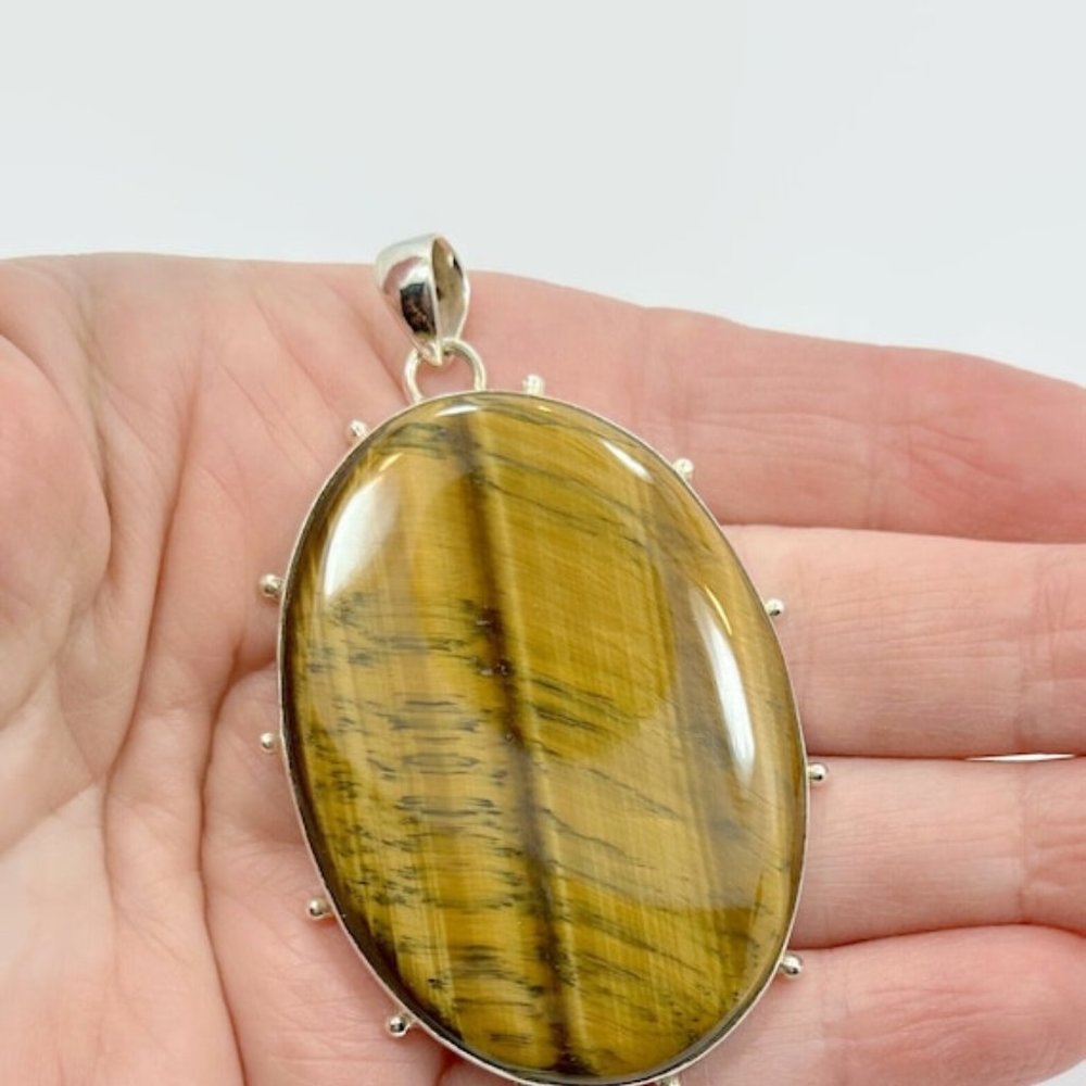 Tigers Eye Pendant, Sterling Silver, Artisan, Big Stone, Contemporary, Large